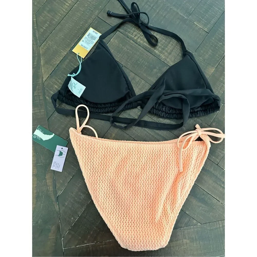 Black and Orange Low Rise High Leg Knit Bottoms Bikini Size Large New